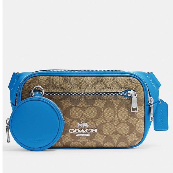 Coach CJ505 Elias Blue & Tan Belt Bag In Colorblock Signature Canvas - Picture 3 of 10